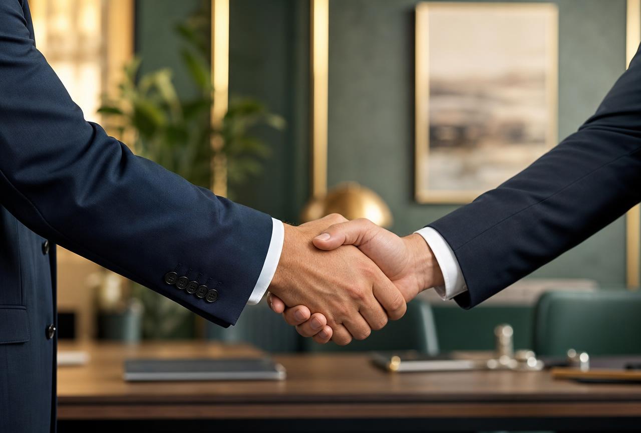 Two professionals shaking hands after closing a private investment
