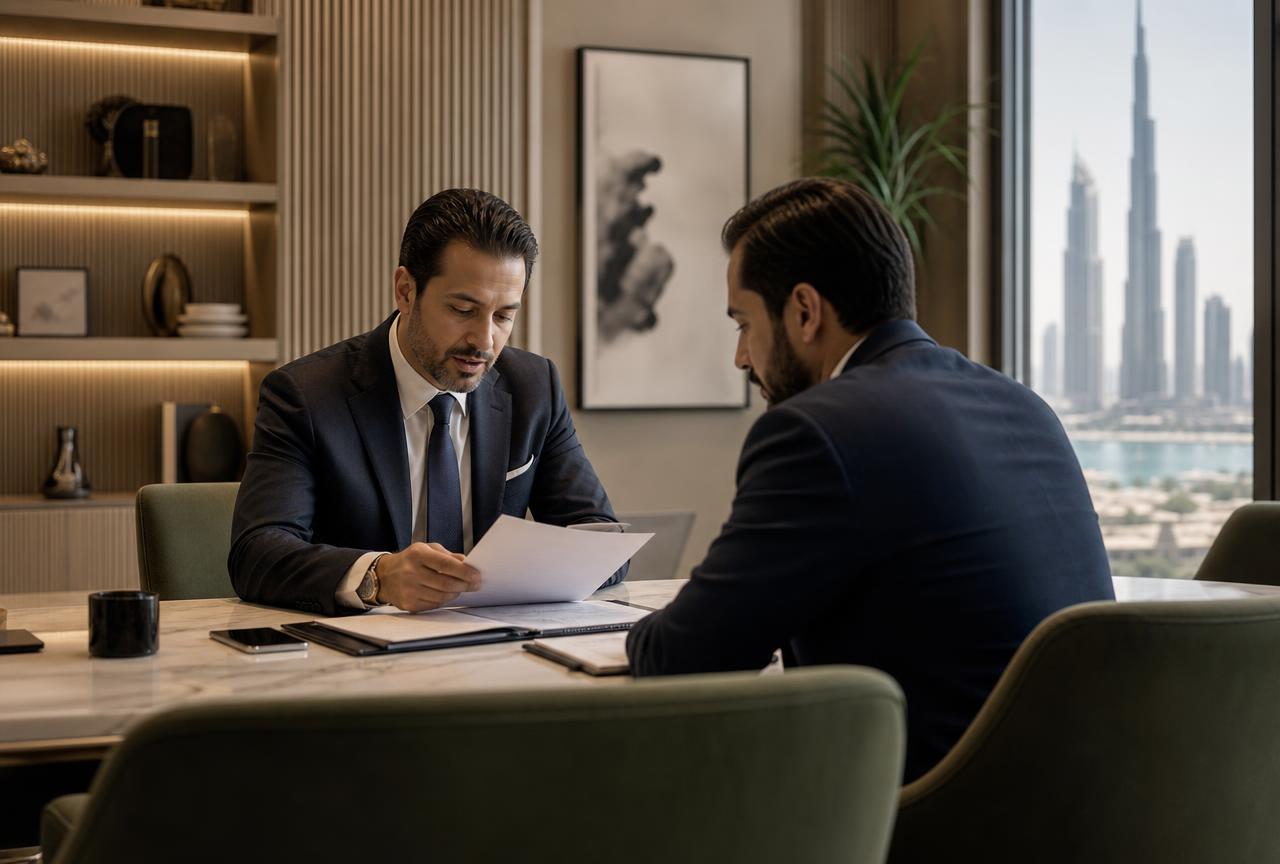 Two professional investors reviewing an opportunity in a Dubai office